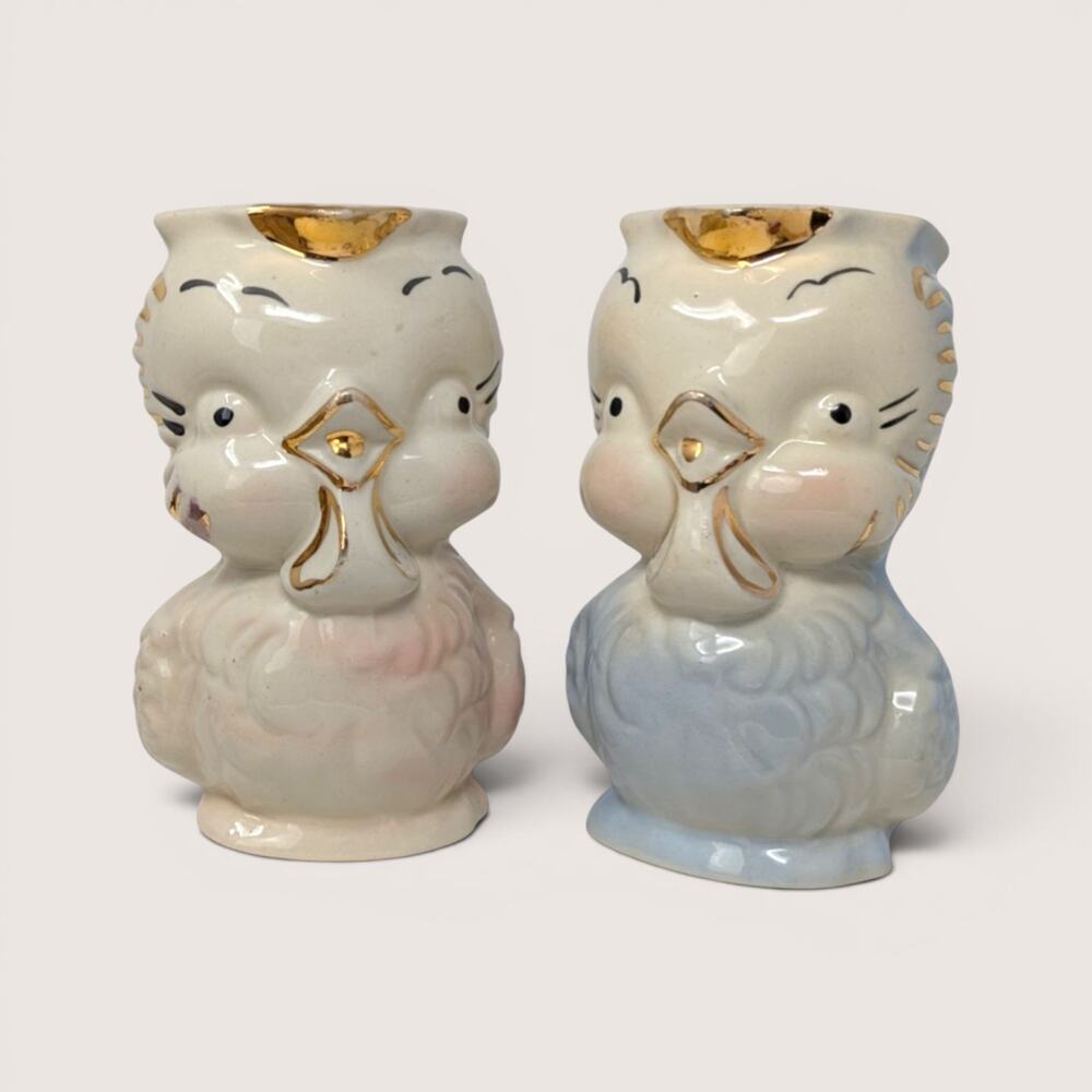 Vintage Shawnee Pottery Owl Pitcher Pair Pink and Blue Gold Trim